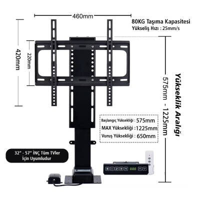 POWERMASTER PM-24928 32 - 57 İNÇ AYARLANABİLİR YÜKSEKLİK UZAKTAN KUMANDALI TV KALDIRMA LİFT ASANSÖRÜ - 3